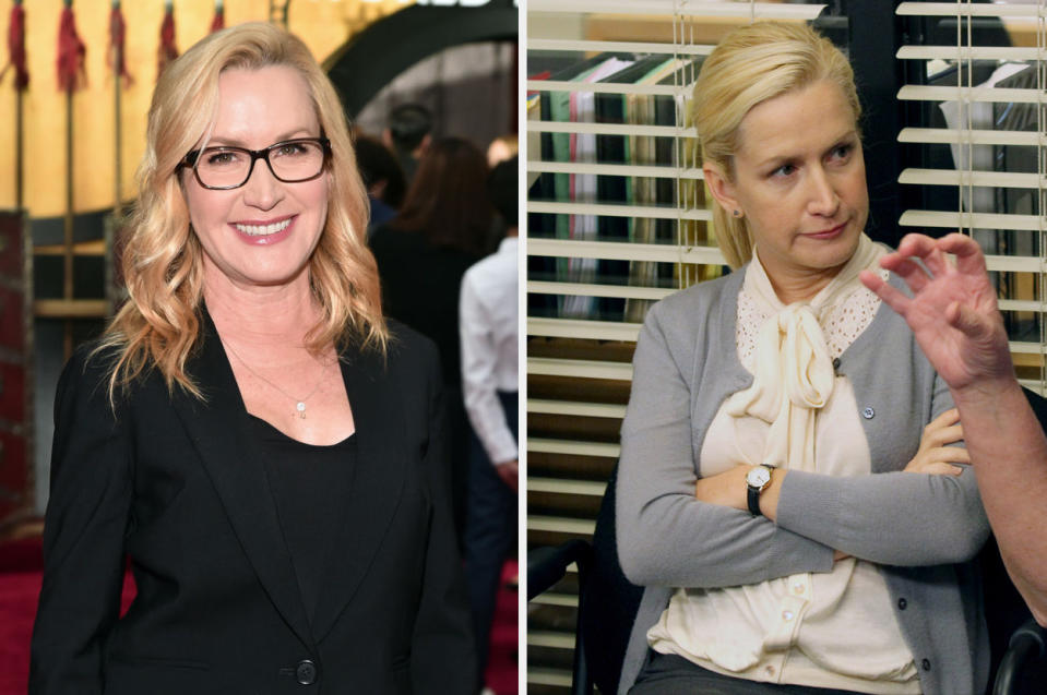 Angela Kinsey smiling vs. Angela Martin ("The Office") with her arms crossed and looking irritated