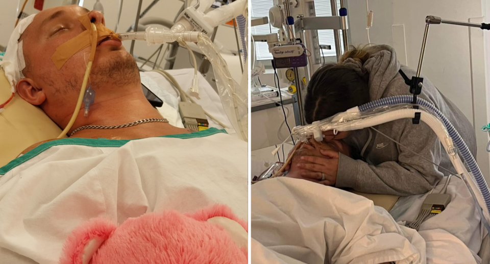 Left, Kevin Malligan lies in a hospital bed connected to tubes. Right, his partner Leah kisses his head after being pronounced brain dead. 