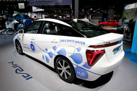 FILE PHOTO: The Toyota Mirai, an hydrogen fuel cell vehicle, is displayed on media day at the Paris auto show, in Paris, France, September 29, 2016. REUTERS/Benoit Tessier/File Photo