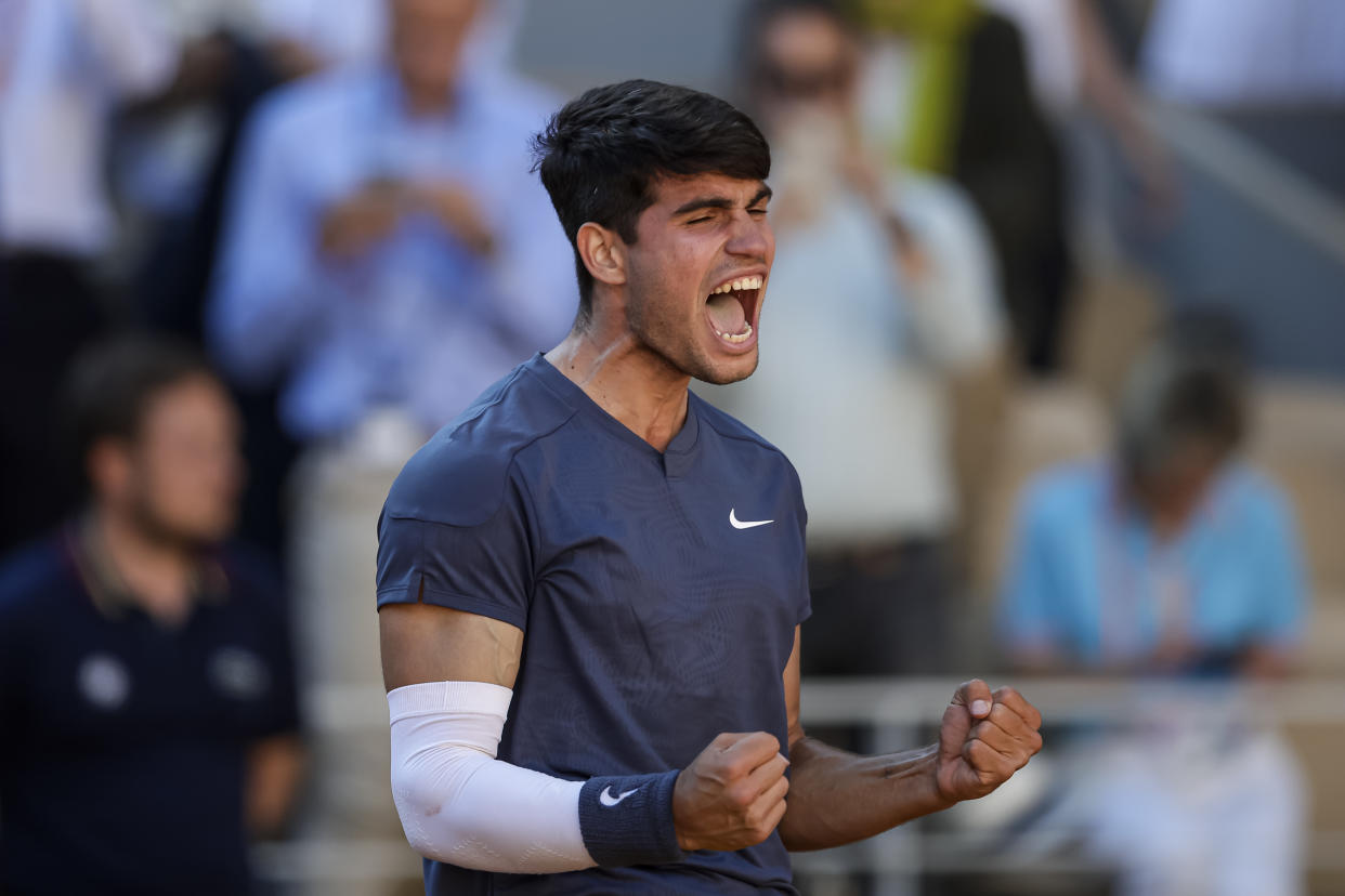 PARIS, FRANCE - JUNE 7: Carlos Alcaraz of Spain celebrates after winning his match against Jannik Sinner of Italy during the Men's Singles Semi Finals of 2024 French Open - Day 13 at Roland Garros on June 7, 2024 in Paris, France. (Photo by Antonio Borga/Eurasia Sport Images/Getty Images)