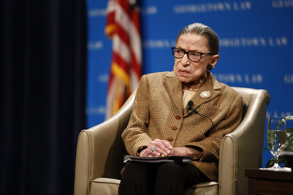 U.S. Supreme Court Associate Justice Ruth Bader Ginsburg speaks during a discussion on the 100th anniversary of the ratification of the 19th Amendment at Georgetown University Law Center in Washington, Monday, Feb. 10, 2020. (AP Photo/Patrick Semansky)