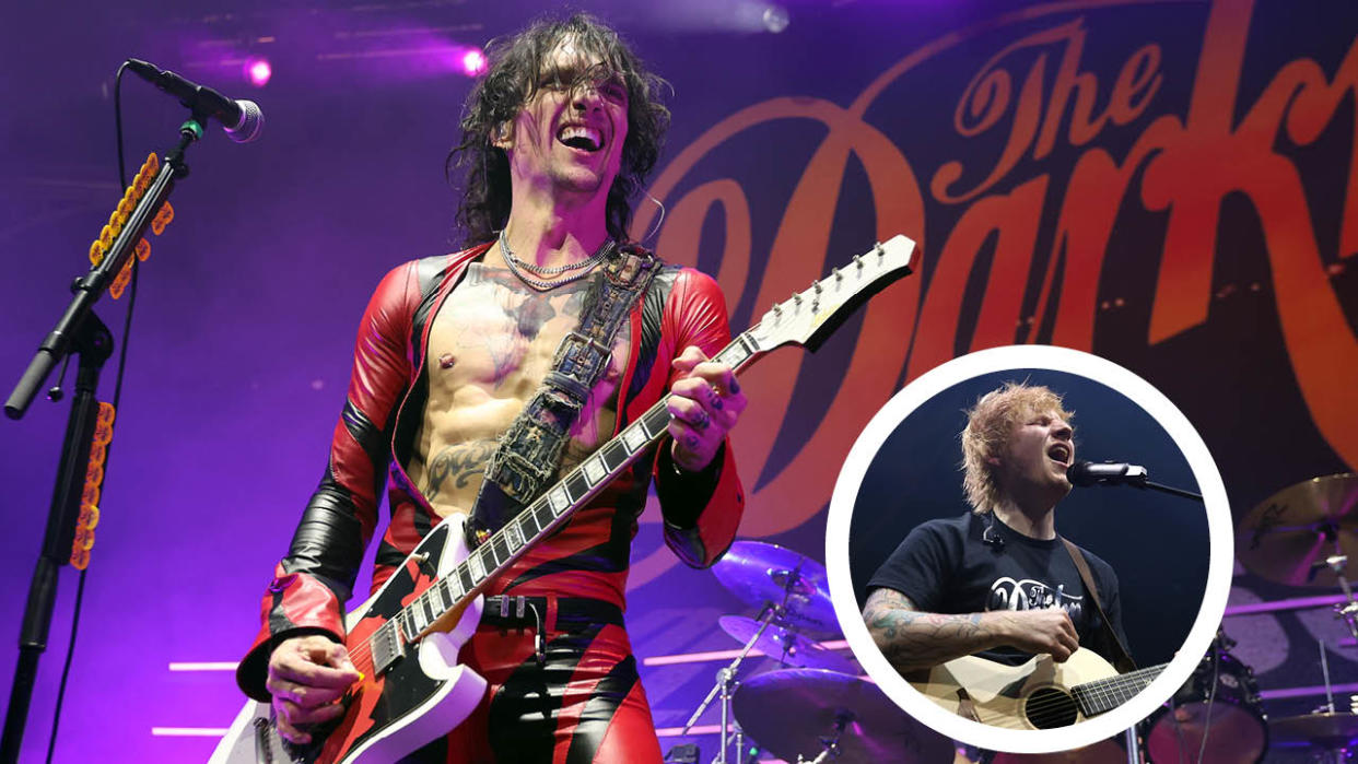  Justin Hawkins of the Darkess onstage in London with an inset of Ed Sheeran. 