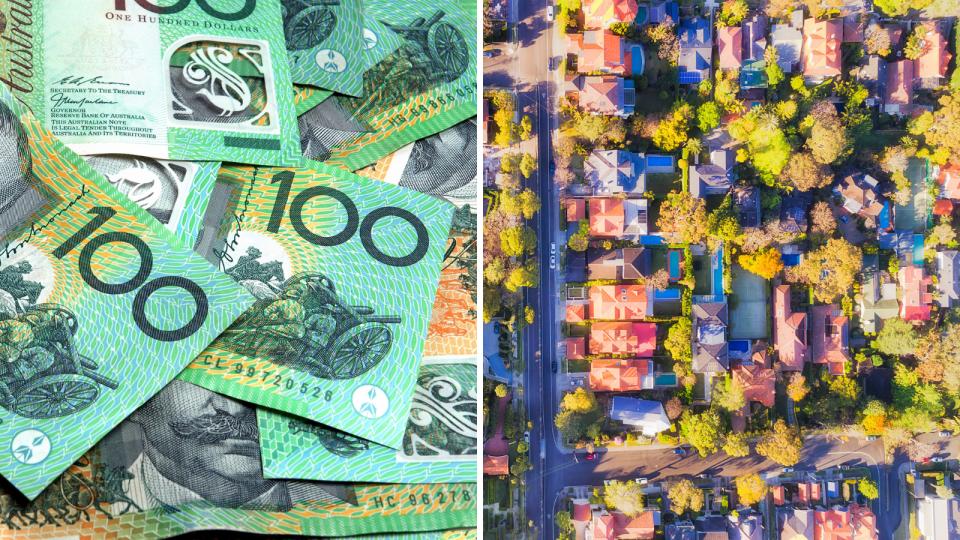 Arial view of property and Aussie dollars. Source: Getty Images