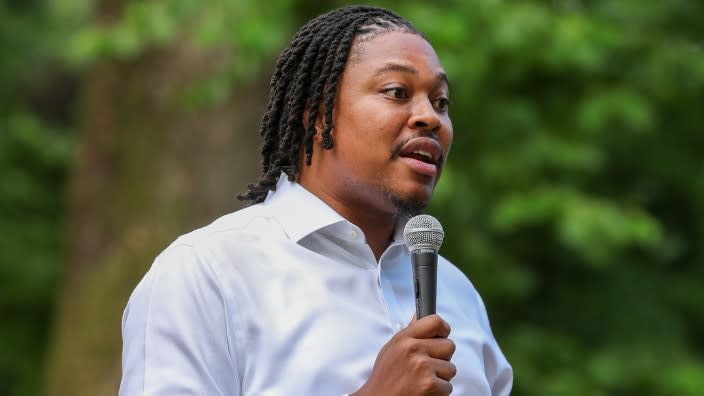 Pennsylvania state representative Malcolm Kenyatta speaks at the ‘Vote For Your Rights’ Rally in Memorial Park. More than 50 people gathered in Danville’s Memorial Park for the ‘Vote For Your Rights’ Rally featuring U.S. Senator Bob Casey (D-PA), state representative Malcolm Kenyatta (D-Philadelphia), and congressional candidate Amanda Waldman. (Photo by Paul Weaver/SOPA Images/LightRocket via Getty Images)