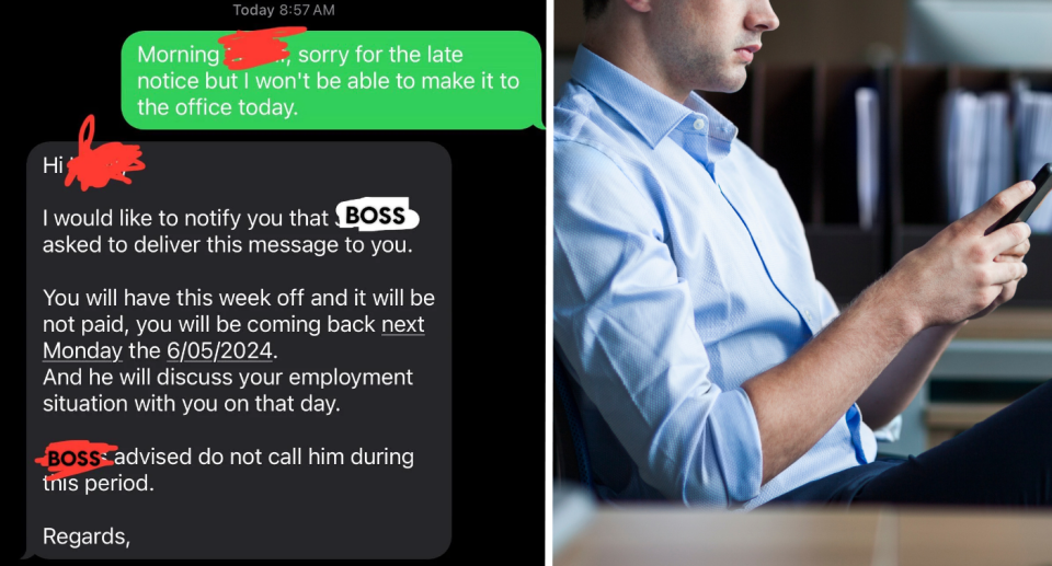 Screenshot of text message next to worker looking at phone
