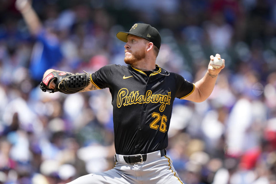 Pittsburgh Pirates pitcher Bailey Falter delivers during the first inning of a baseball game against the Chicago Cubs, Saturday, May 18, 2024, in Chicago. (AP Photo/Charles Rex Arbogast)