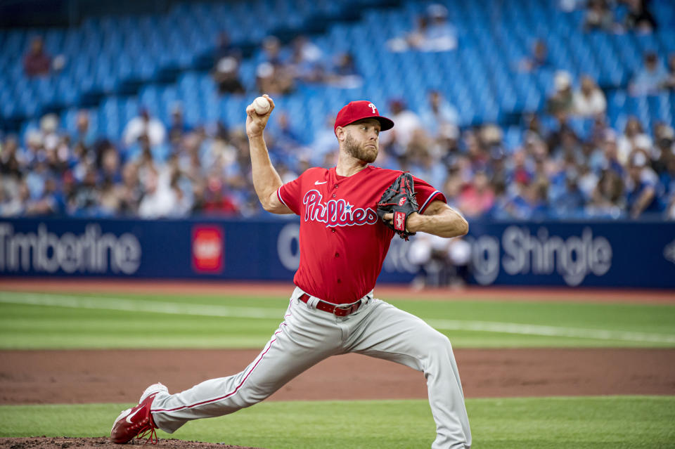Philadelphia Phillies starting pitcher Zack Wheeler (45) throws during the first inning of a baseball game against the Toronto Blue Jays, Wednesday, July 13, 2022 in Toronto. (Christopher Katsarov/The Canadian Press via AP)