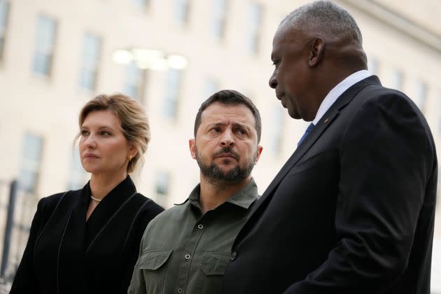 Secretary of Defense Lloyd Austin speaks with Ukrainian President Volodymyr Zelenskyy during a wreath-laying ceremony at the 9/11 Pentagon Memorial on Sept. 21.