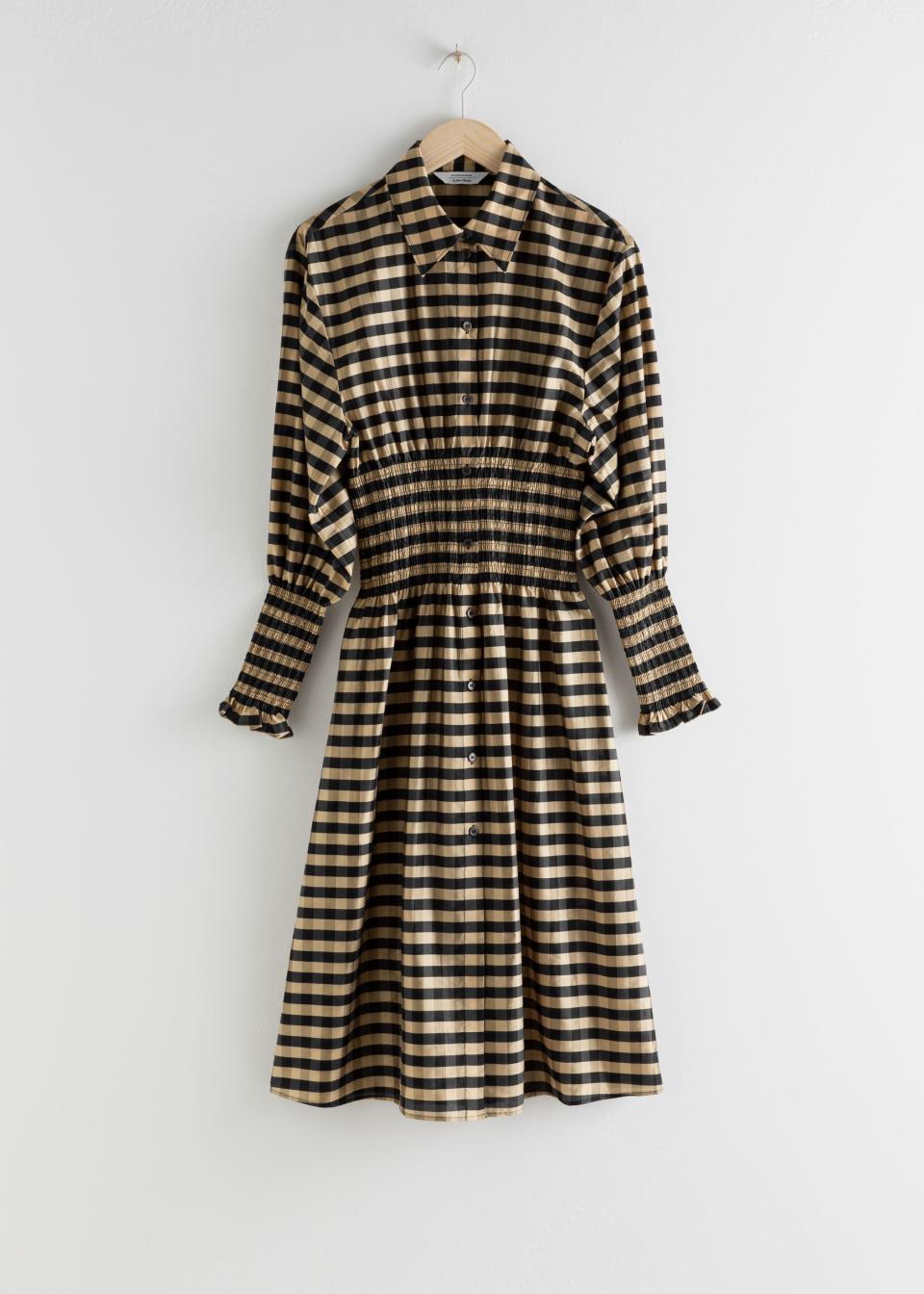 Smocked Plaid Midi Shirt Dress