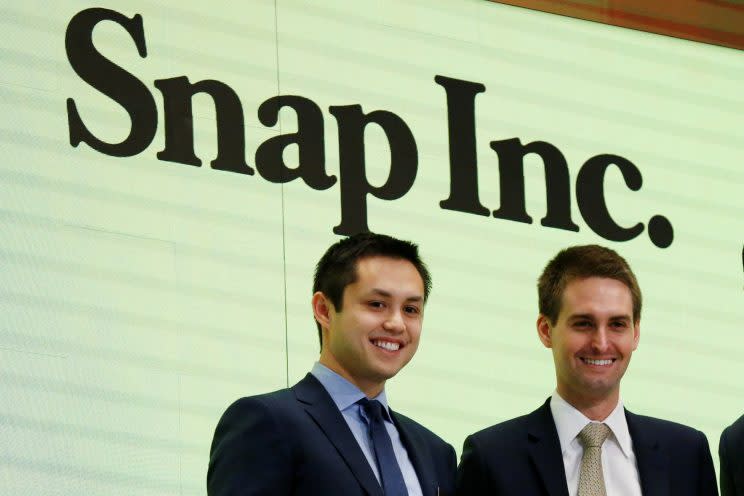 Snap cofounders Evan Spiegel and Bobby Murphy wait to ring the opening bell of the NYSE (Source: Reuters/Lucas Jackson)