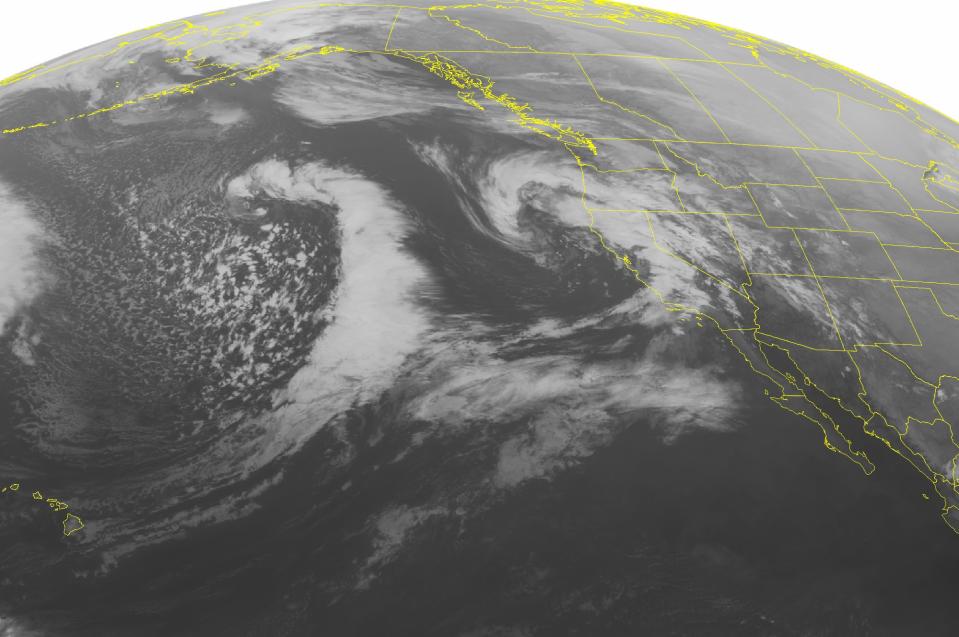 This NOAA satellite image taken Thursday, Feb. 27, 2014, at 2:00 AM EST shows a storm system moving into the southern Pacific Northwest and California with heavy rain. Isolated showers are possible as far west as Arizona and New Mexico. Areas in the highest elevations could have snow showers with this system. (AP PHOTO/WEATHER UNDERGROUND)
