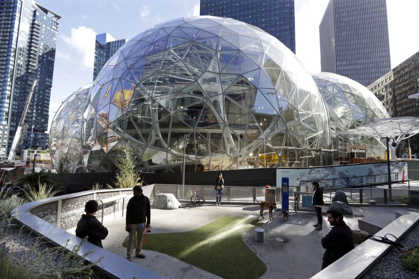 In this photo taken Wednesday, Oct. 11, 2017, large spheres take shape in front of an existing Amazon building and adjacent to a small dog park provided by the company, in Seattle.(AP Photo/Elaine Thompson)