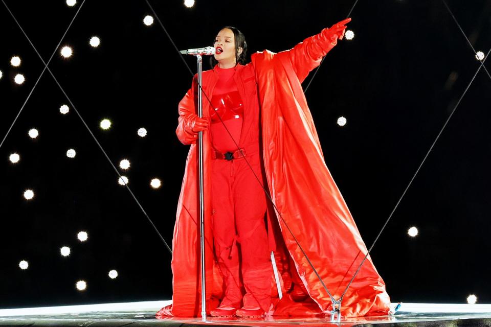 Rihanna performs onstage during the Apple Music Super Bowl LVII Halftime Show at State Farm Stadium on February 12, 2023 in Glendale, Arizona.