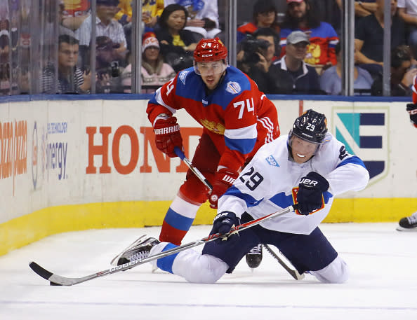 TORONTO, ON - SEPTEMBER 22: Patrik Laine #29 of Team Finland controls the puck from his knees against Team Russia during the World Cup of Hockey tournament at the Air Canada Centre on September 22, 2016 in Toronto, Canada. Team Russia shutout Team Finland 3-0. (Photo by Bruce Bennett/Getty Images)