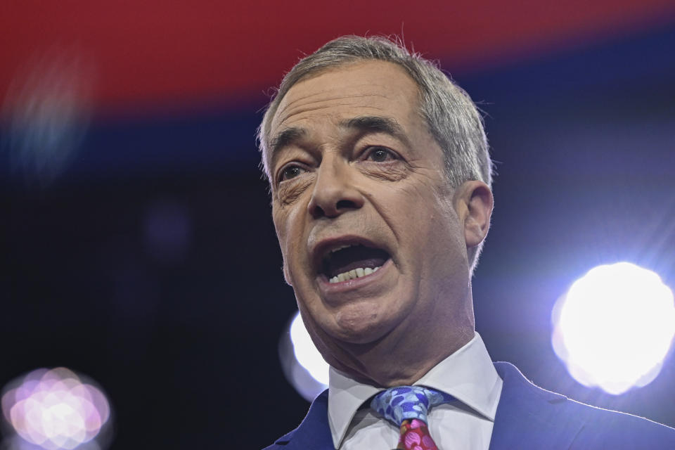 MARYLAND, UNITED STATES - FEBRUARY 23: Former Member of the European Parliament and former Leader of the UK Independence Party (UKIP) Nigel Farage delivers remarks as he attends the 2024 Conservative Political Action Conference (CPAC) at the Gaylord National Resort and Convention Center in Maryland, United States on February 23, 2024. (Photo by Celal Gunes/Anadolu via Getty Images)