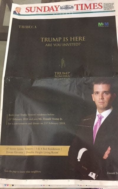 Trump Jr took out full page adverts in some of India's biggest newspapers - Credit: Saptarshi Ray