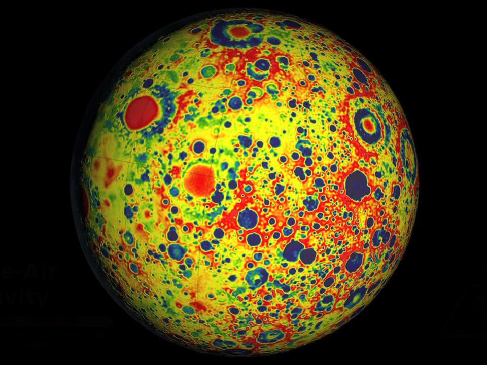 This image shows the variations in the lunar gravity field. Red corresponds to mass excesses and blue corresponds to mass deficiencies, showing the height and depth of the moon's surface (NASA)