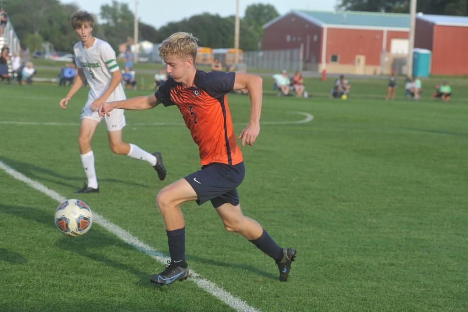 Galion's Jack Hart brings the ball up field.