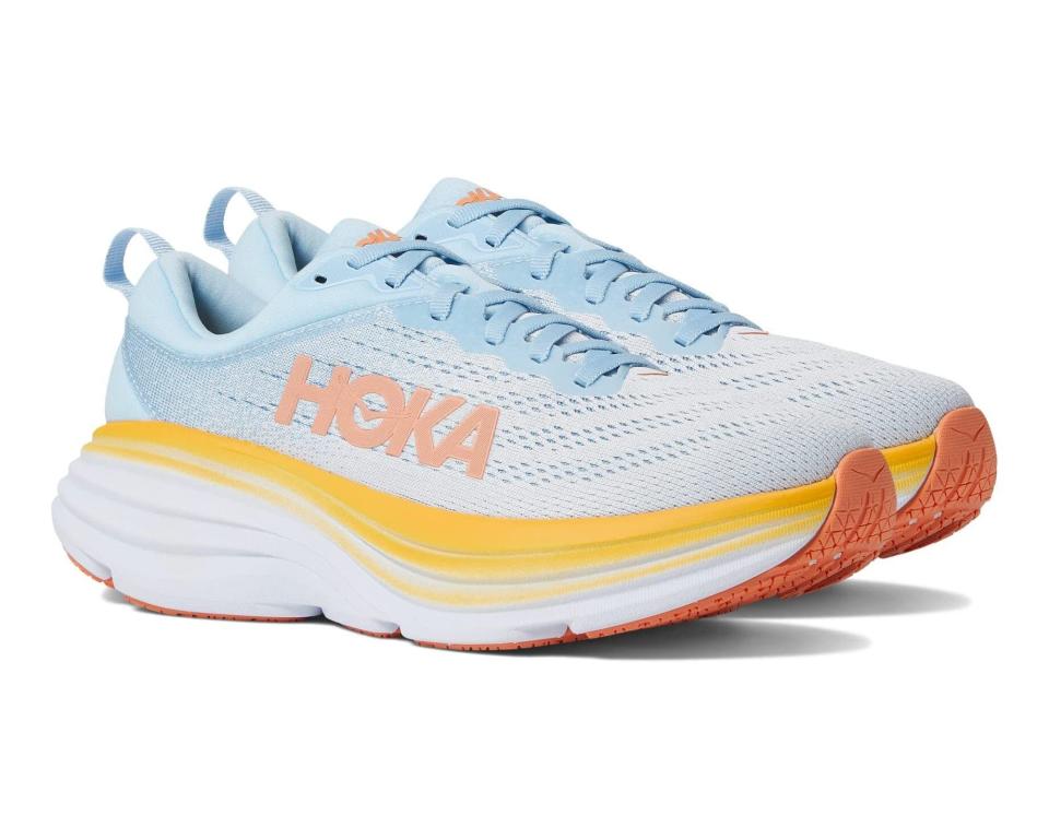 <div><p>"I love my Hokas for nursing. They feel like clouds and [come in] fun colors! I had <a href="https://www.anrdoezrs.net/click-8953967-11554337?sid=shoes-nurses-recommend-fjollaarifi-03-21-2023-7370271&url=https%3A%2F%2Fwww.zappos.com%2Fp%2Fhoka-clifton-8-cantaloupe-silver-peony%2Fproduct%2F9514694%2Fcolor%2F913190" rel="nofollow noopener" target="_blank" data-ylk="slk:Clifton Hokas because I was obsessed with the canteloupe color;elm:context_link;itc:0" class="link ">Clifton Hokas because I was obsessed with the canteloupe color</a>, but now have the Bondi ones, again, mostly chosen by available colors. ...They are not waterproof, which is not great for the messy emergency room department, but they've done alright in the washing machine a few times!" — nurse Aly ThibaultThe Hoka Bondi comes in 11 colors in women's sizes 5-12, and in 12 colors in men's sizes 7-16.</p><p><i>You can buy the <a href="https://www.dpbolvw.net/click-8953967-11554337?sid=shoes-nurses-recommend-fjollaarifi-03-21-2023-7370271&url=https%3A%2F%2Fwww.zappos.com%2Fp%2Fhoka-bondi-8-summer-song-country-air%2Fproduct%2F9697407%2Fcolor%2F978666" rel="nofollow noopener" target="_blank" data-ylk="slk:Hoka Bondi shoes;elm:context_link;itc:0" class="link ">Hoka Bondi shoes</a> in Women's and <a href="https://www.kqzyfj.com/click-8953967-11554337?sid=shoes-nurses-recommend-fjollaarifi-03-21-2023-7370271&url=https%3A%2F%2Fwww.zappos.com%2Fp%2Fhoka-bondi-8-sharkskin-harbor-mist%2Fproduct%2F9697369%2Fcolor%2F978640" rel="nofollow noopener" target="_blank" data-ylk="slk:Men's;elm:context_link;itc:0" class="link ">Men's</a> from Zappos for $165, or from <a href="https://www.amazon.com/HOKA-ONE-Bondi-Womens-Shoes/dp/B0BG94RRMQ" rel="nofollow noopener" target="_blank" data-ylk="slk:Amazon;elm:context_link;itc:0" class="link ">Amazon</a> for $165-$290. </i></p></div><span> Zappos</span>