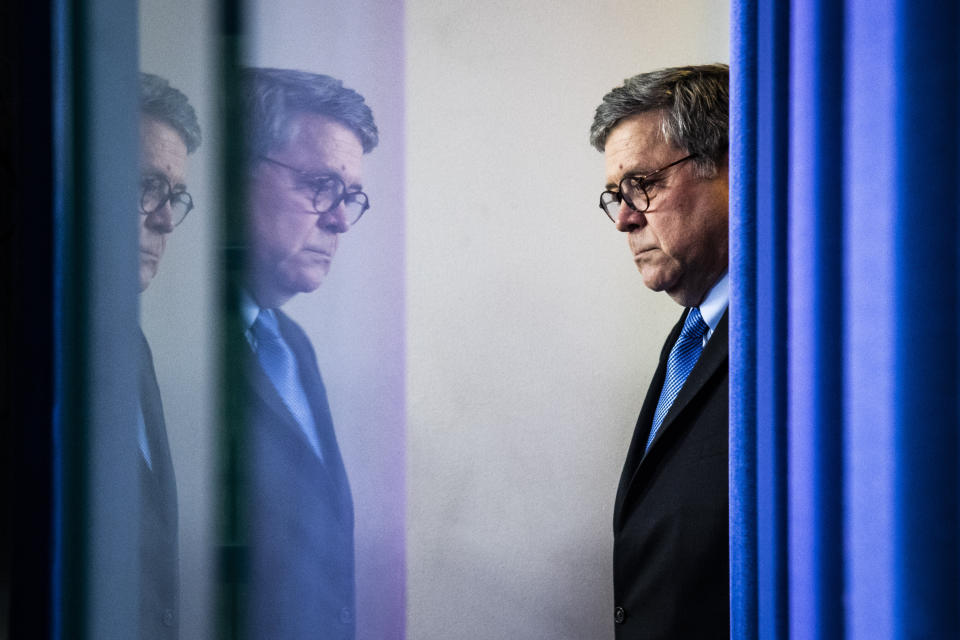 Attorney General William Barr arrives at a briefing about the coronavirus pandemic at the White House on April 1, 2020. (Photo: Jabin Botsford/The Washington Post via Getty Images)