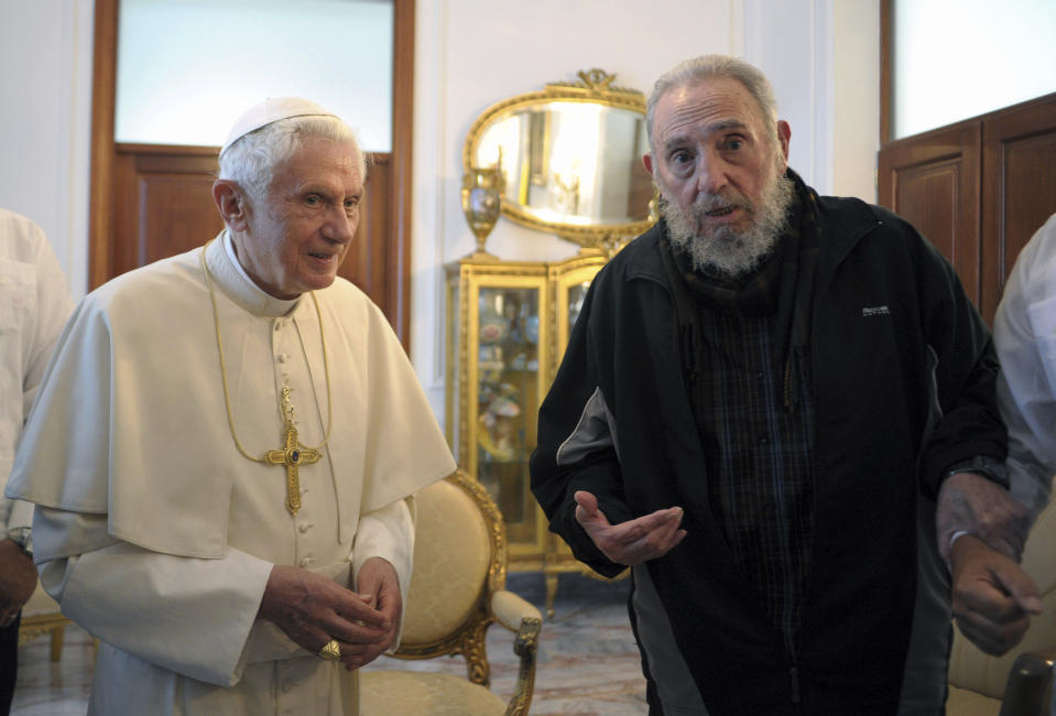 FILE - Pope Benedict XVI meets with Fidel Castro, right, in Havana, Cuba, on March 28, 2012. Pope Emeritus Benedict XVI, the German theologian who will be remembered as the first pope in 600 years to resign, has died, the Vatican announced Saturday. He was 95. (AP Photo/Osservatore Romano, File)