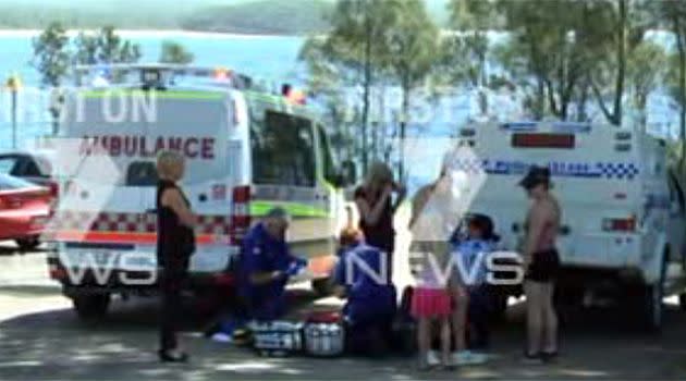 Emergency services arrive to treat the injured teen near Mollymook. Photo: 7News