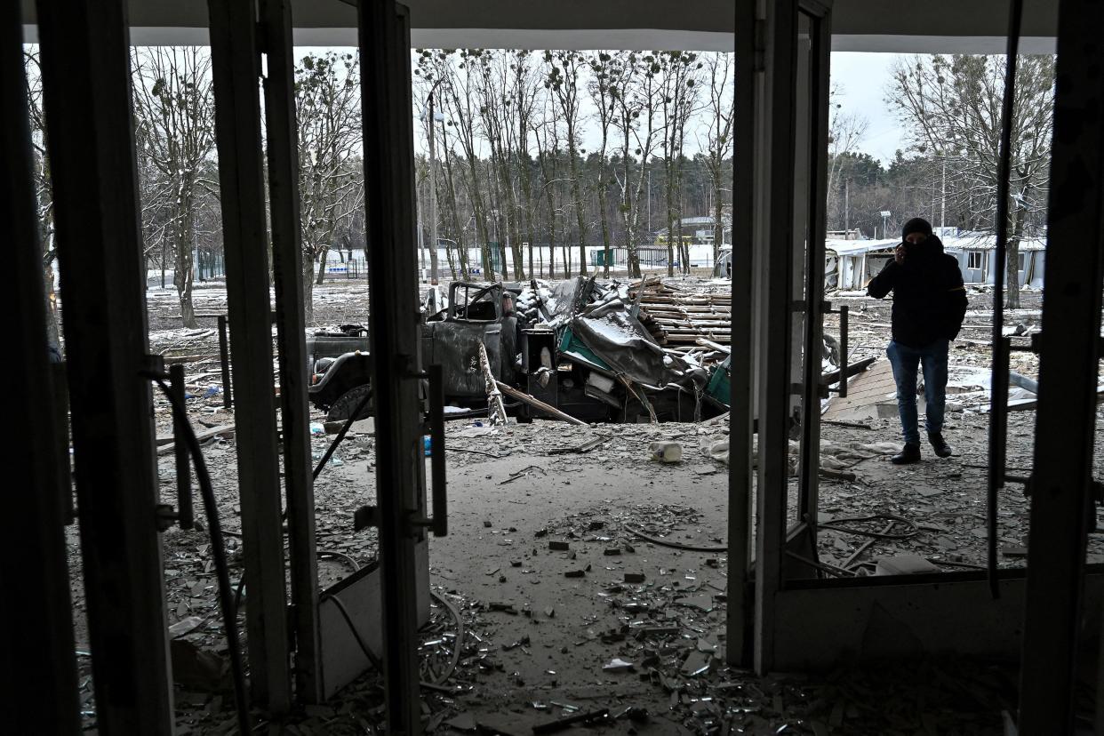 The view of military facility which was destroyed by recent shelling in the city of Brovary outside Kyiv on March 1, 2022. Russian troops will carry out an attack on the infrastructure of Ukraine's security services in Kyiv and urged residents living nearby to leave, the defense ministry said on March 1, 2022.