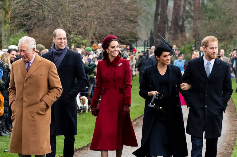 Prince Charles, Prince of Wales with Prince William, Duke of Cambridge, and Catherine, Duchess of Cambridge, Prince Harry, Duke of Sussex and Meghan, Duchess of Sussex attend Christmas Day Church service at Church of St Mary Magdalene on the Sandringham estat