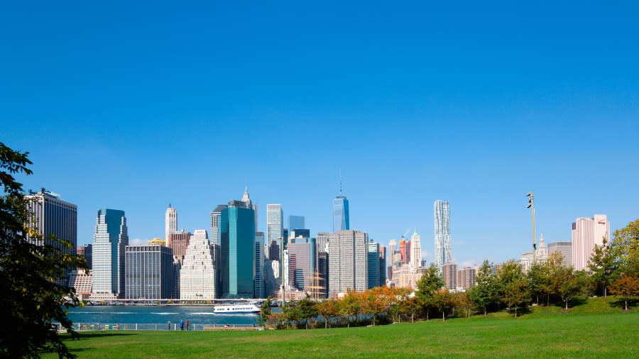 The view of the Lower Manhattan skyline and East River seen from Brooklyn Bridge Park. (Photo by: Eye Ubiquitous/Universal Images Group via Getty Images)