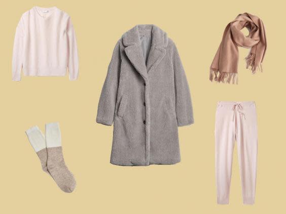 Cashmere Sweater, £169, The White Company; Cashmere Joggers, £169, The White Company; Teddy Coat, £89.95, Gap; Cream & Camel Sleep Socks, £15, Yawn; Wool Fringed Blanket Scarf, £45, & Other Stories