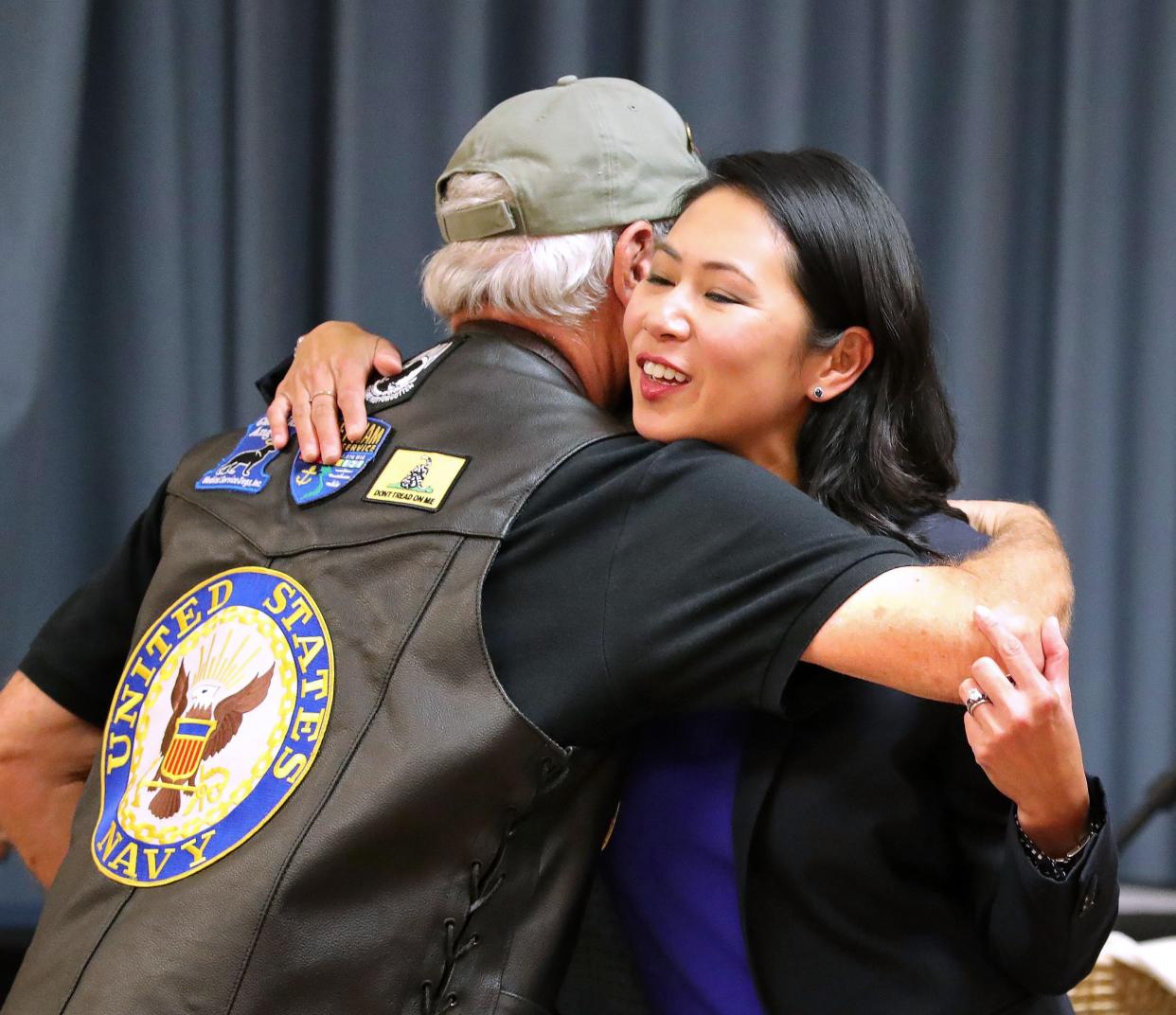 U.S. Rep. Stephanie Murphy hugs Vietnam veteran Paul Bertram, Jr., during a ceremony at VFW Post 5405 in Winter Springs, Fla., Wednesday, November 6, 2019. The Winter Park congresswoman, who was born in Vietnam in 1978, hosted the event  as a part of the U.S. Department of Defense Vietnam Veterans 50th Anniversary Pin Program. 