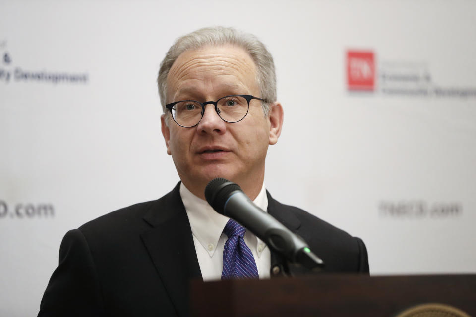 FILE- In this Nov. 13, 2018, file photo Nashville Mayor David Briley speaks during an announcement that Amazon will locate an operations hub in Nashville, Tenn. Briley might be a no-show at a city Christmas parade if Kid Rock serves as grand marshal. A spokesman for Briley says Kid Rock’s comments about “The View” host Joy Behar were “hateful” and that the singer doesn’t belong at the head of a parade. (AP Photo/Mark Humphrey, File)