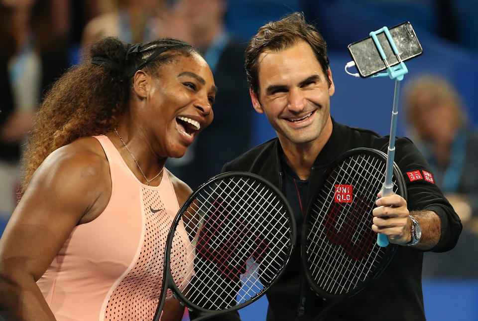 Serena Williams (pictured left) and Roger Federer (pictured right) take a selfie.