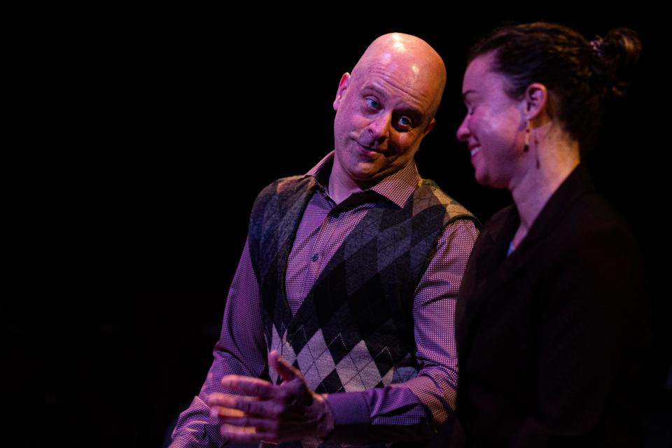Jeff Haffner and Courtney Brown play Peter Stockman and Dr. Tammie Stockman, siblings publicly being at odds with each other, in Rubber City Theatre's world premiere adaptation of "An Enemy of the People."