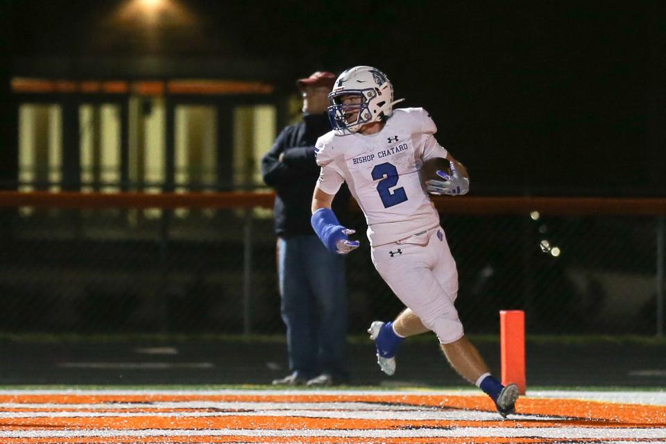 Bishop Chatard's Riley Kinnett (2) makes his way into the endzone for 6 points as Hamilton Heights plays Bishop Chatard in the IHSAA football Class 3A sectional championship; Nov 3, 2023; Arcadia, IN, USA; at Hamilton Heights High School.