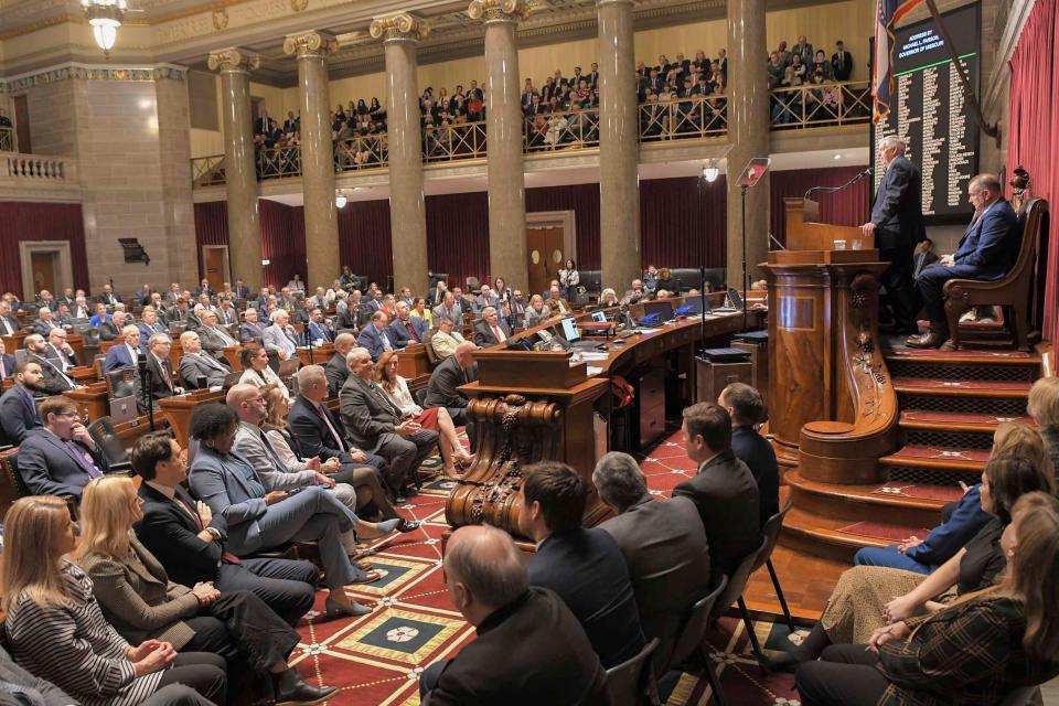 Gov. Mike Parson delivers his final State of the State address to the Missouri General Assembly on January 24, 2024 at the Missouri State Capitol Building in Jefferson City.