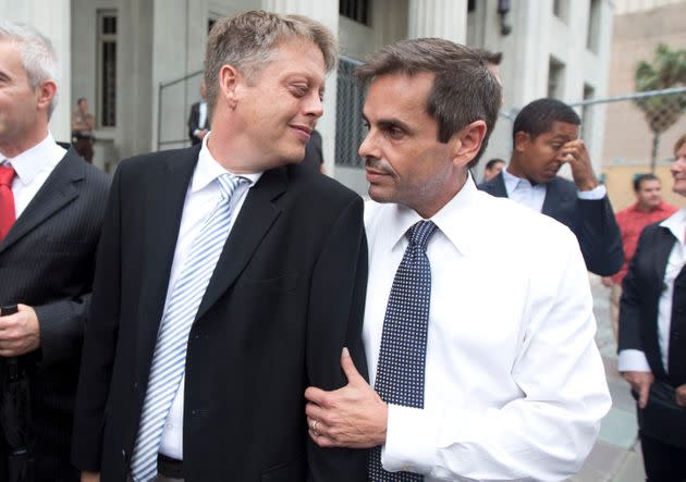 Don Johnston and Jorge Diaz outside a Miami courthouse in 2014 during their fight to legalize gay marriage.&#xa0;Jorge Diaz-Johnston&#39;s body was found at a north Florida landfill on Jan. 8. (Photo: via Associated Press)