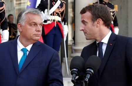 French President Emmanuel Macron meets with Hungarian Prime Minister Viktor Orban at the Elysee Palace in Paris