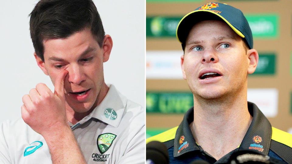 Pictured left is a teary Tim Paine, with Australia Test cricket teammate Steve Smith on the right.