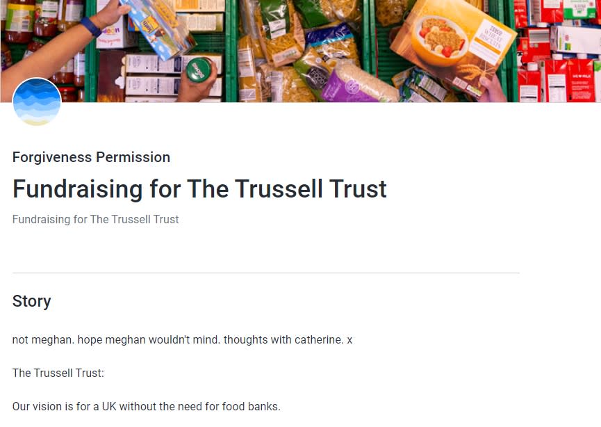 The JustGiving Page in support of the Trussell Trust 