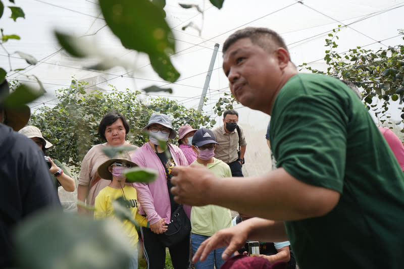 罕病家庭屏東出遊樂採果（2） 罕見疾病基金會30日邀請9個罕病家庭參與「高樹蜜 棗採果趣」活動，一同外出踏青享受採果樂，「鄭爸 蜜棗果園」負責人鄭明輝（右）耐心為病友講解採果 技巧。 中央社記者黃郁菁攝  113年3月30日 