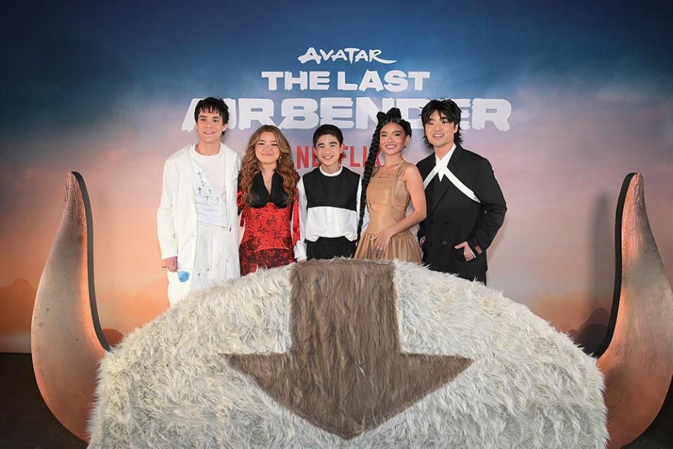 Ian Ousley, Elizabeth Yu, Gordon Cormier, Kiawentiio Tarbell and Dallas Liu attend Netflix's "Avatar: The Last Airbender" world premiere after party at TAO on February 15, 2024 in Los Angeles, California.