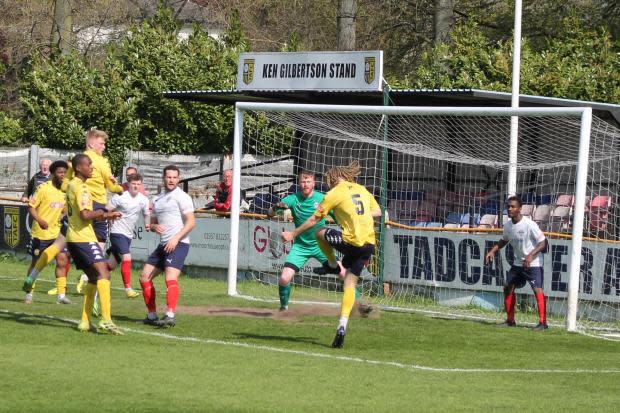 Tadcaster Albion defender Kieran Burton tries to turn in a set piece. Picture: Keith A. Handley