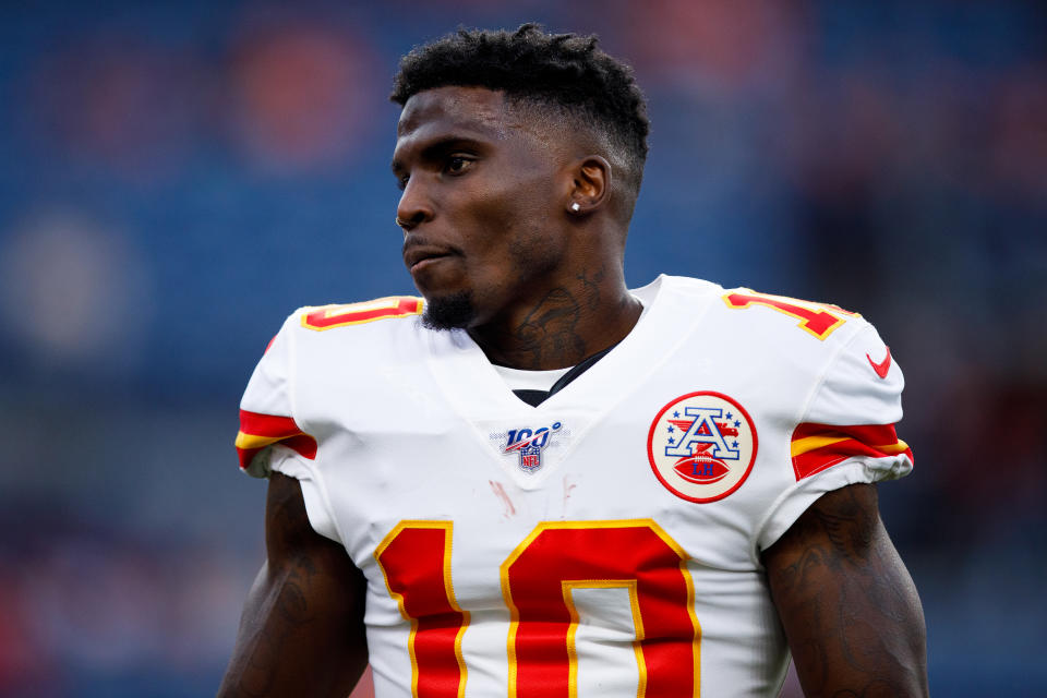 Tyreek Hill suffered a hamstring injury early in Monday's Chiefs-Chargers game. (Justin Edmonds/Getty Images)