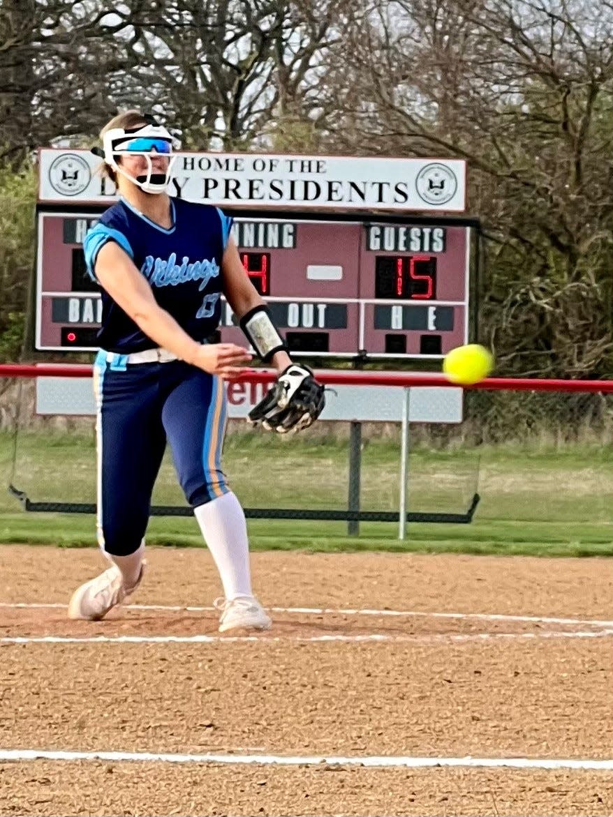 River Valley's Sidney Street delivers a pitch during a softball game at Marion Harding last week.