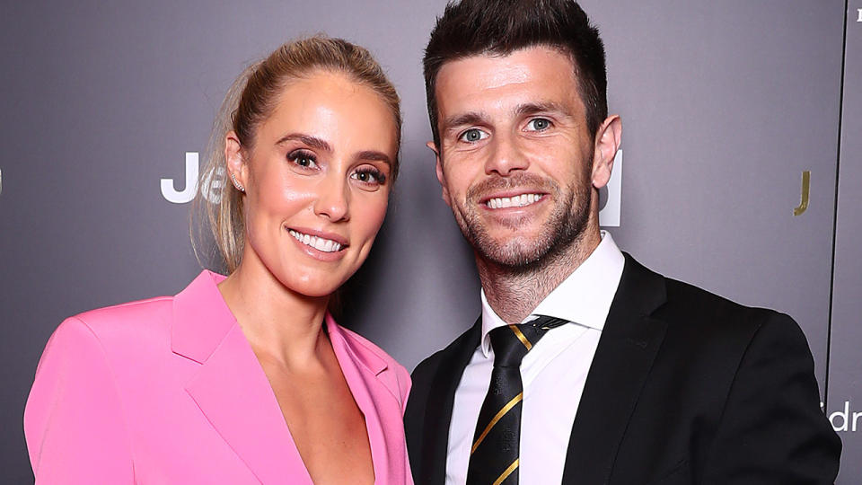 Brooke and Trent Cotchin will remain in the AFL hub until the end of the season. (Photo by Kelly Defina/AFL Photos/via Getty Images)