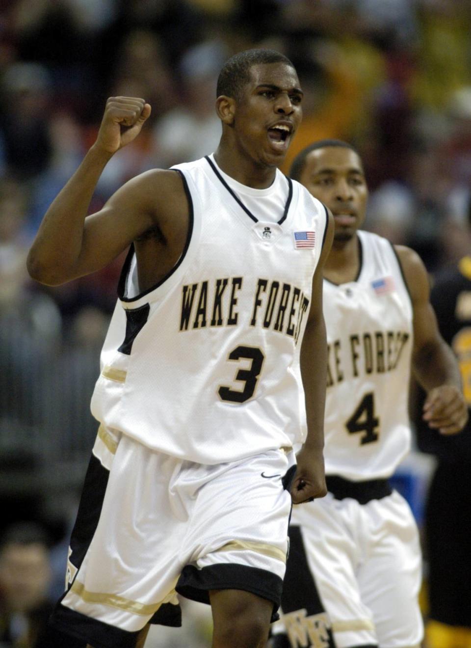 03/18/04: Wake Forest’s Chris Paul is fired up as he runs back upcourt after scoring against VCU during an NCAA tournament game in Raleigh. Paul scored 22 points in the Deacons’ 79-78 win.