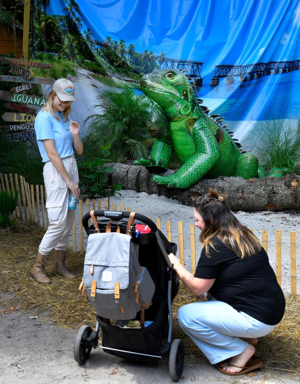 Sophie Pearce, an educator intern at the Jacksonville Zoo and Gardens, greets a young guest as she explains that the green iguana is an invasive species in Florida.