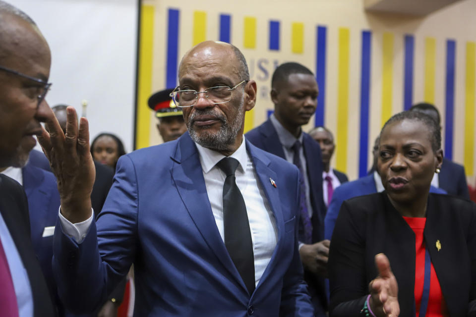 Haiti's Prime Minister Ariel Henry after giving a public lecture at the United States International University (USIU) in Nairobi, Kenya, Friday March. 1, 2024. Haitian Prime Minister Ariel Henry said Friday elections in his country need to be held as soon as possible in order to bring stability to the troubled Caribbean nation facing gang violence that threatens to overran government. Henry is in Kenya trying to salvage the deployment of a foreign armed force to Haiti to help combat gangs. (AP Photo/Andrew Kasuku)