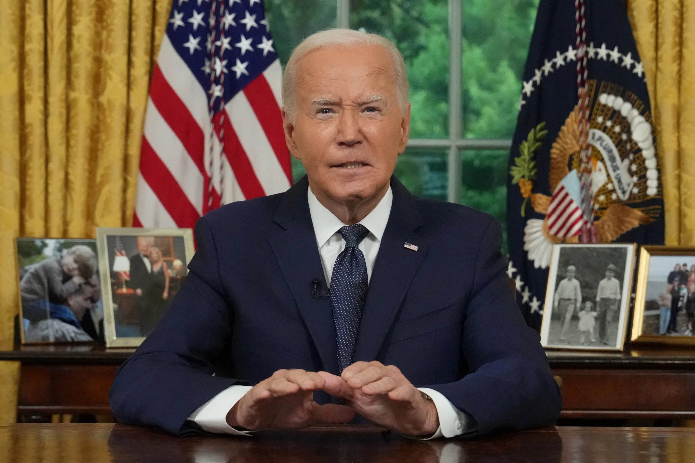 FILE PHOTO: U.S. President Joe Biden delivers an address to the nation from the Oval Office of the White House in Washington, DC on July 14, 2024.    Erin Schaff/Pool via REUTERS/File Photo